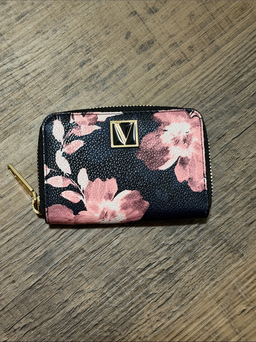 Victoria Secrets Women's Floral Zip Wallet - Pink on Black
